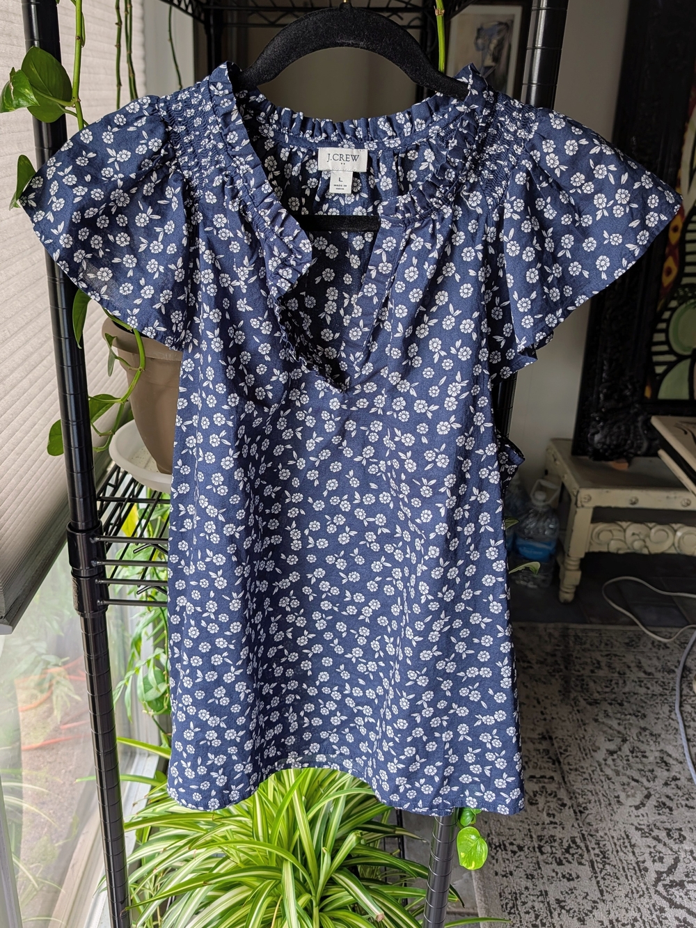 J. Crew Navy Blue Floral Ruffle Sleeve Top  SZ L